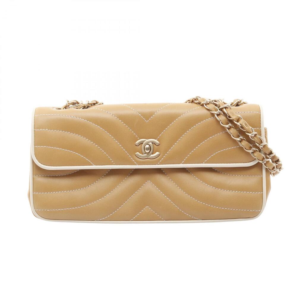 Chanel Wave Stitch Coco Mark Shoulder Bag Lambskin Leather Beige Ivory White